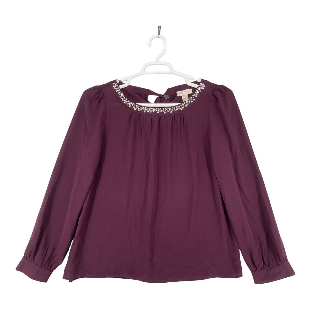 Loft Shirt Wine Long‎ Sleeves Blouse Womens Boho Rhinestones Medium M